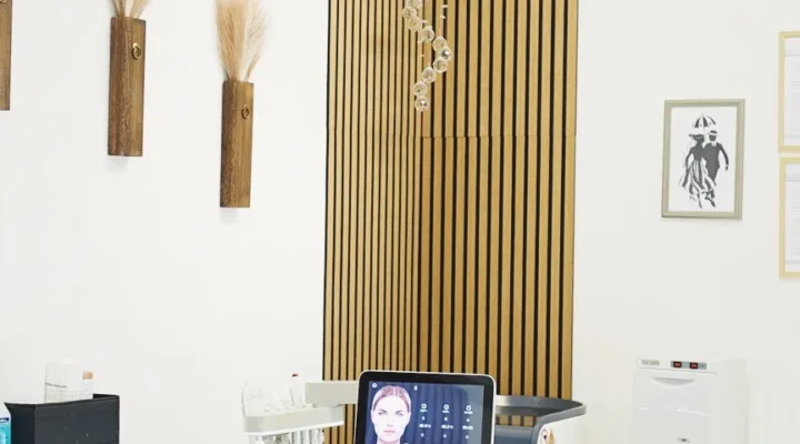 Behandlungsraum von Kosmetik Korallen in München-Hadern mit Behandlungsliege, Kosmetikgerät und Holzlamellen