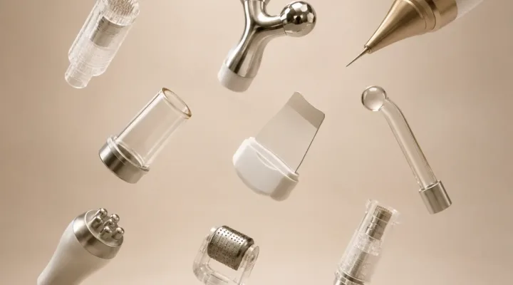 Handstücke und Aufsätze für apparative Kosmetik auf hellem Grund