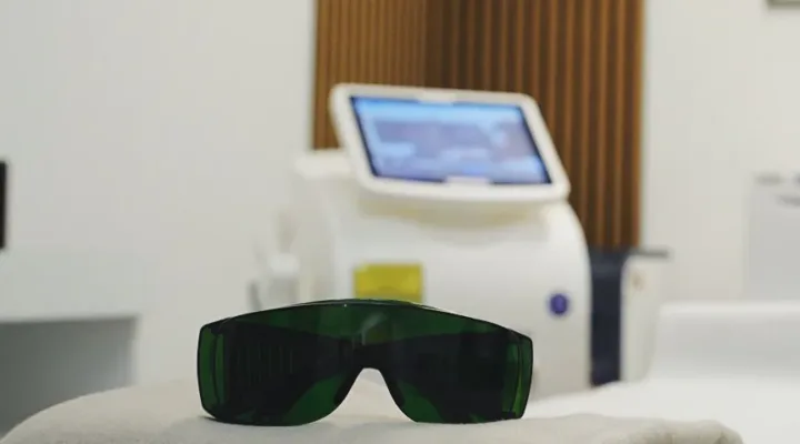 Laserschutzbrille auf der Behandlungsliege, dahinter das Lasergerät im Behandlungsraum in München-Hadern