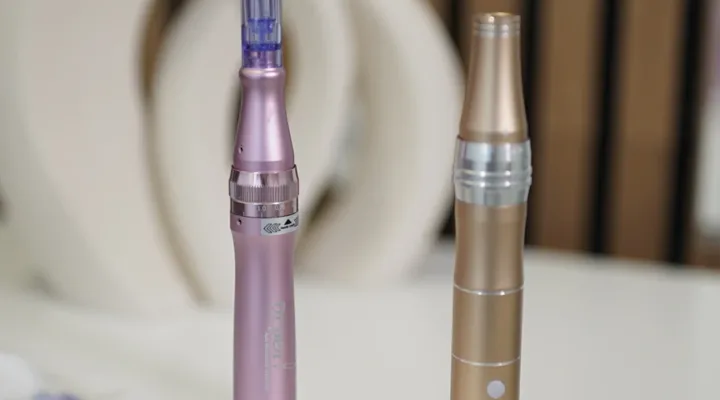 Zwei Microneedling-Geräte mit Nadelaufsätzen auf einem Tisch