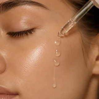 Serum tropft aus einer Pipette auf die Wange
