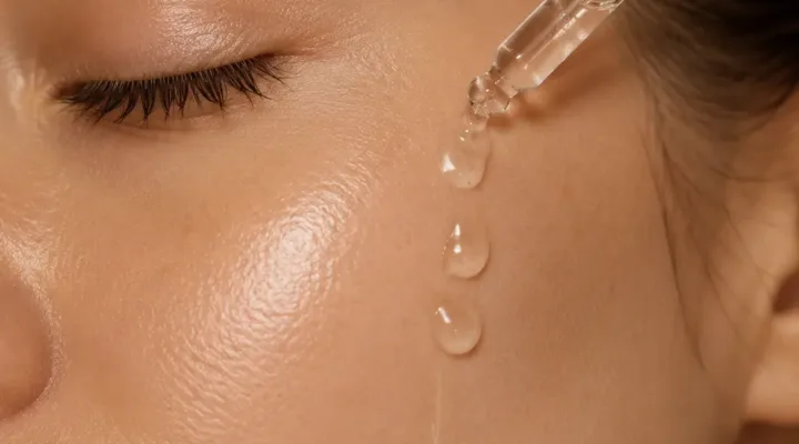 Serum tropft aus einer Pipette auf die Wange
